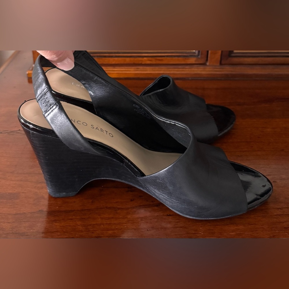 Franco Sarto Leather Asymmetrical Black Wedge, Open-Toe Slingback Heels